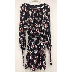 Milly Pleated Top 100% Silk Black and Floral Waist Tie Dress Size 2